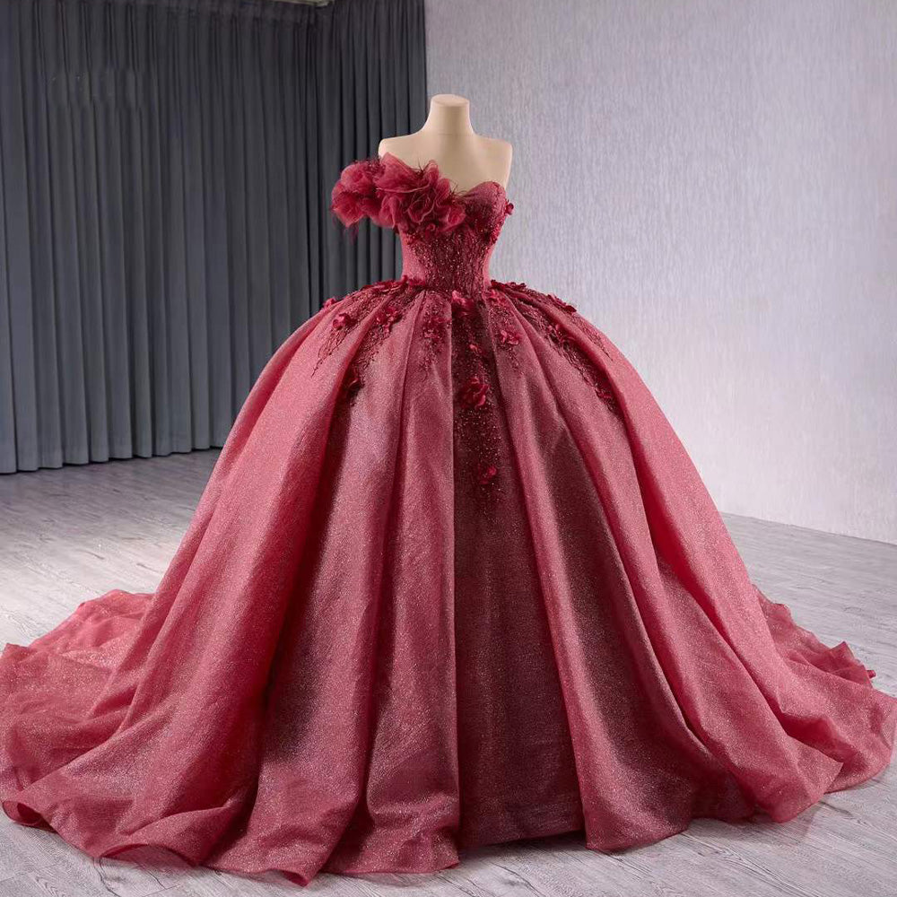 TW193 Vestido Para Quinceañera Luxury One Shoulder Flower Lace Up Back Beading Red Glitter Long Evening Dress For Special Occasions