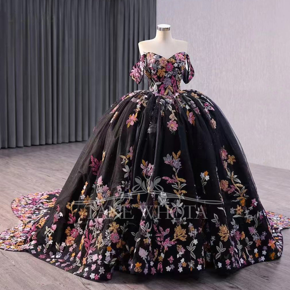 TW505 Black Lace Quinceanera Dress With Off-Shoulder Flowers Sweetheart Lace-Up Back Embroidery Ball Gown For Girls