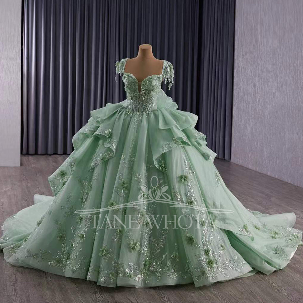 TW370 Quinceanera Dress Sweetheart Cap Sleeve Lace Up Back Appliques Sequined Embroidery Long Green Princess Quinceanera Dress