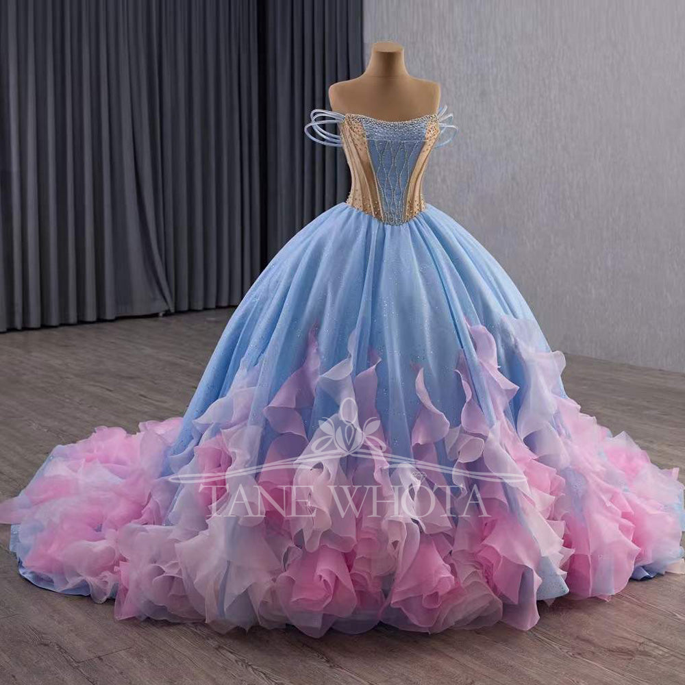 TW563 Blue Strapless Quinceanera Dress With Lace-Up Back Beading Sequined Crystal Ruffles For 15th Birthday Dresses