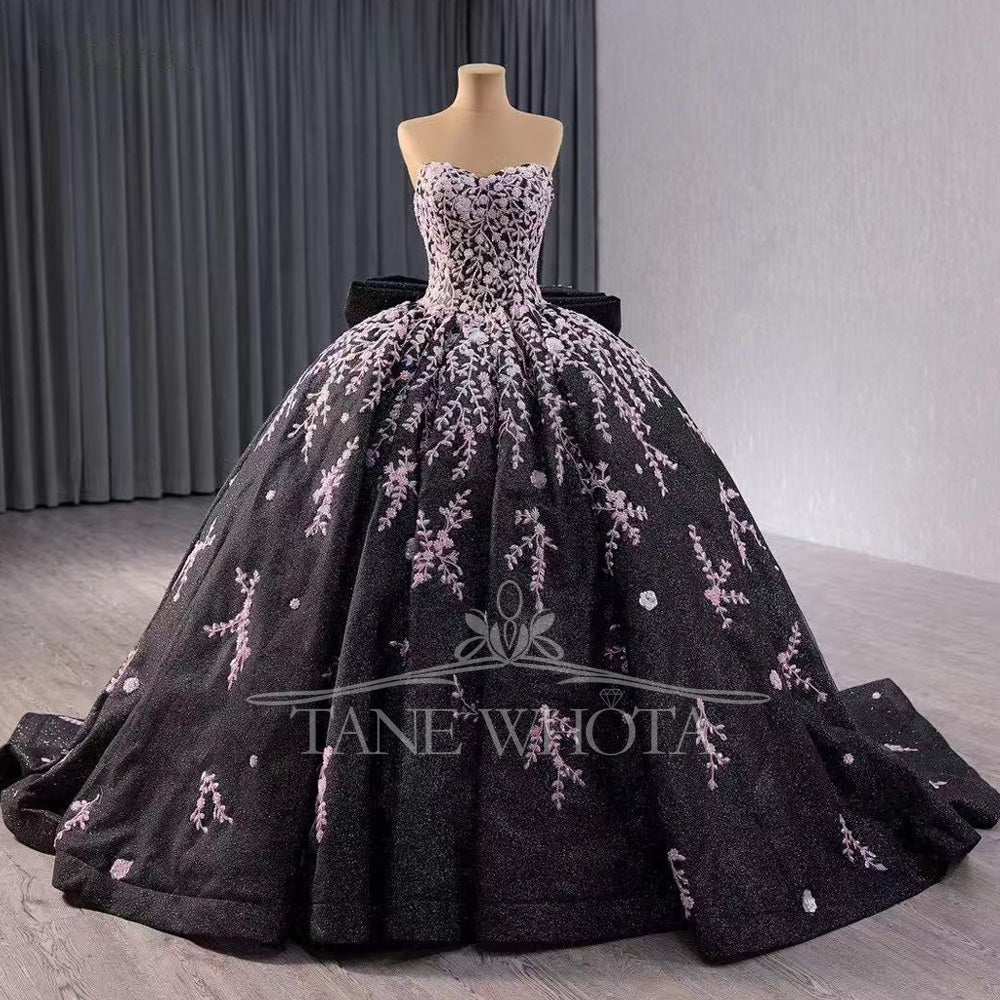 TW349 Vestidos Para Quinceañera Sweetheart Lace Up Back Beading Embroidery Bow Customized Black Luxury Long Dress