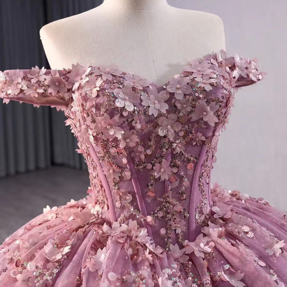 TW126 Vestidos De 15 Off Shoulder Sweetheart Appliques Sequined Lace Up Back Pink Luxury Long Dress For Special Occasions