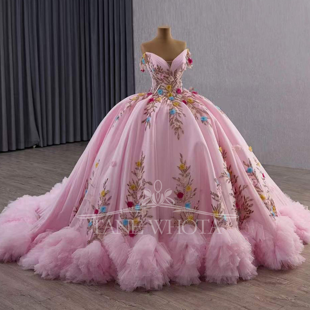 TW570 Girls Pink Quinceanera Dress Sweetheart Off-Shoulder Lace-Up Back Appliques Sequined Abito Quinceanera Princess Customizable