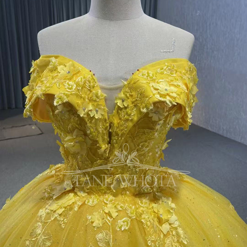 TW288 Vestido De Quinceañera 2025 Off Shoulder Sweetheart Lace Up Back Crystal Appliques Sequined Customized Yellow Long Dress