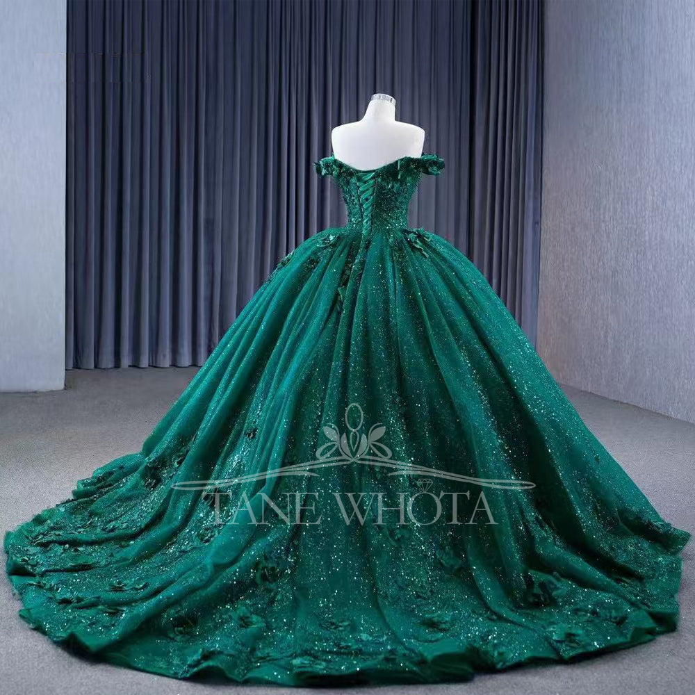 TW306 Vestidos 15 Años Ball Gown Sweetheart Off Shoulder Lace Up Back Beading Sequined Appliques Customized Green Long Dress