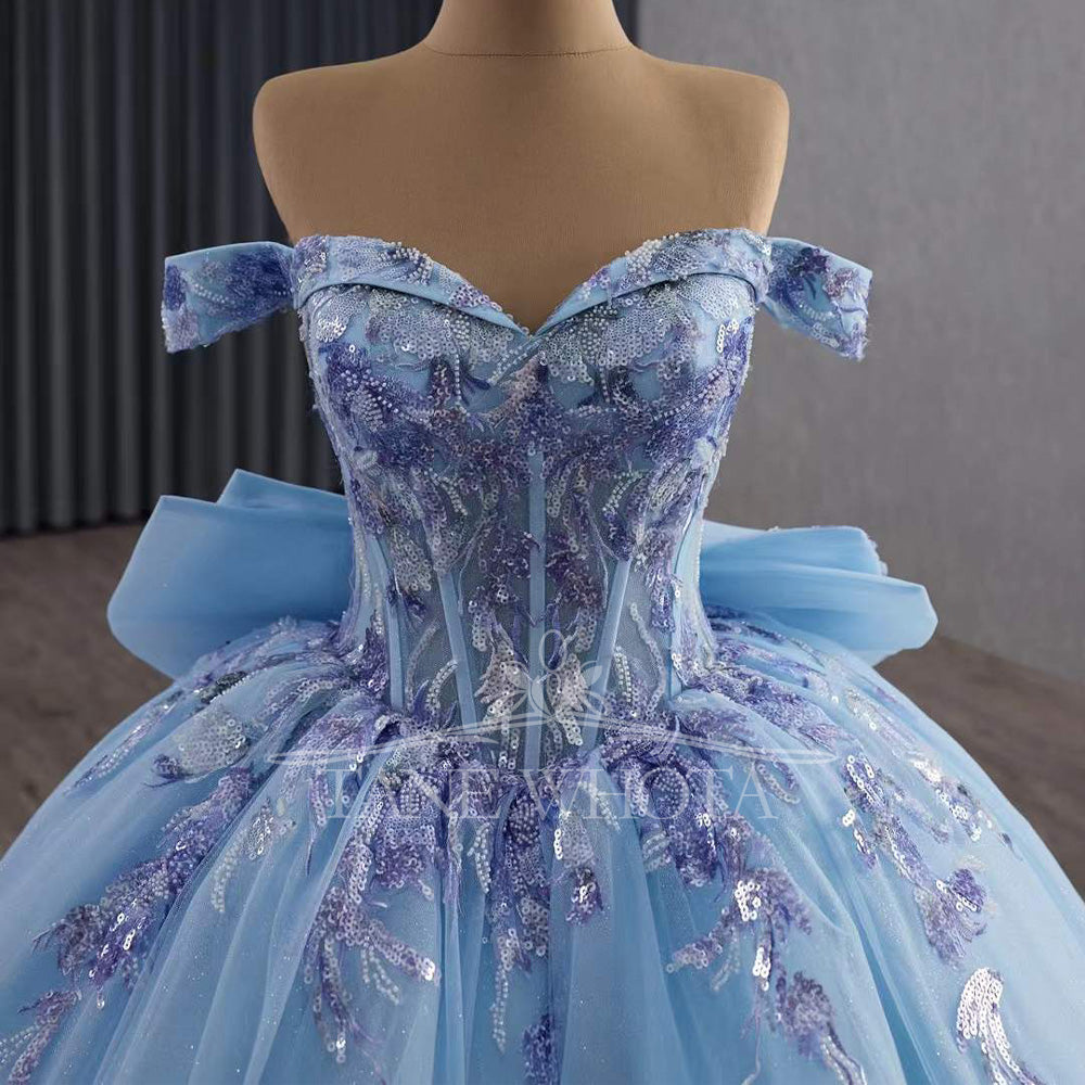 TW555 Sweetheart Detachable Sleeve Lace-Up Back Sequined Embroidery Bow Customizable Blue Princess Dress For 15th Birthday