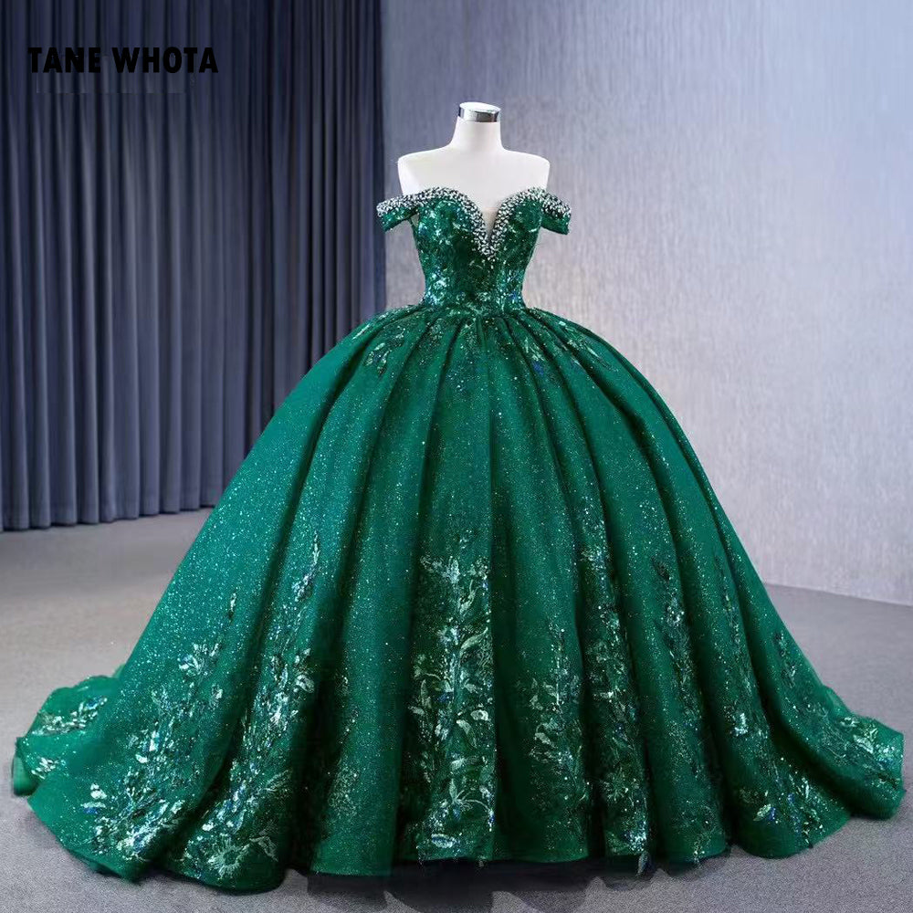 TW287 Vestidos Quinceañera Sweetheart Off Shoulder Lace Up Back Ball Gown Beading Crystal Sequined Customized Green Long Dress