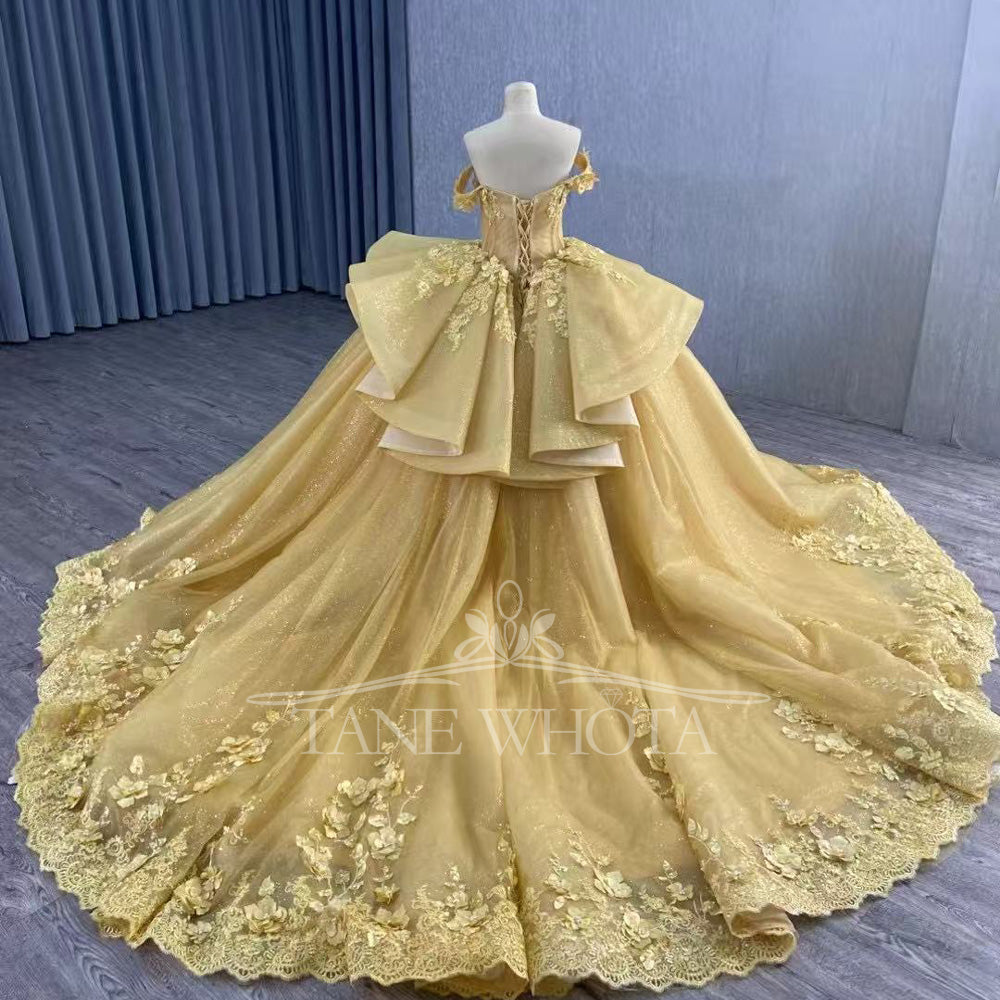 TW445 Gold Quinceanera Ball Gown Dress Sweetheart Off-Shoulder Lace-Up Back Embroidered Beaded Sequined Appliques for Girls