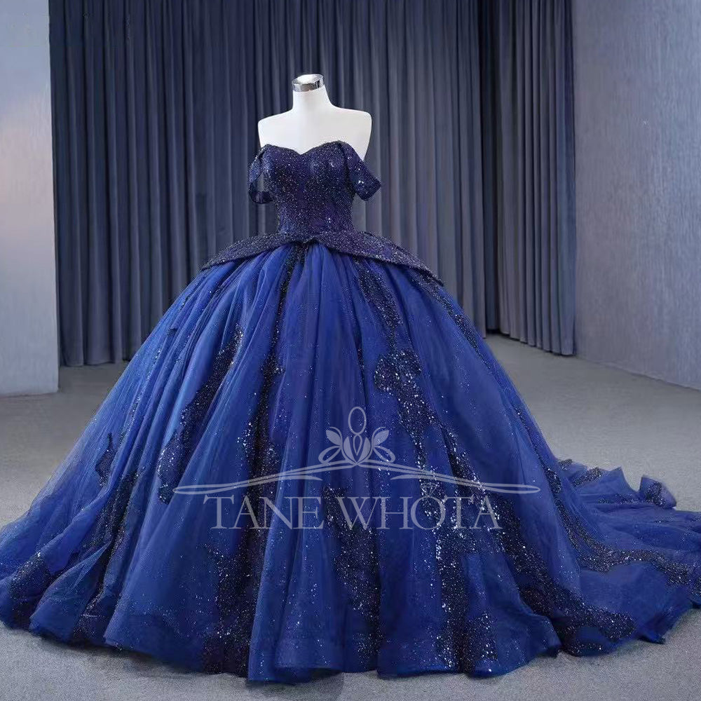 TW557 Customizable Blue Off-Shoulder Sweetheart Quinceañera Dress Lace-Up Back Beaded Sequined Embroidery 15th Birthday Prom Gown