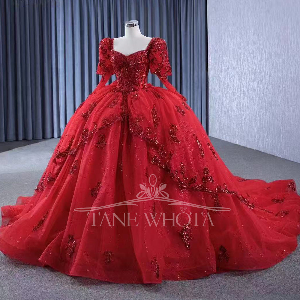 TW564 Red Sweetheart Quinceanera Dress With Long Sleeves Lace-Up Back Sequined Bow - Customizable Prom Dress