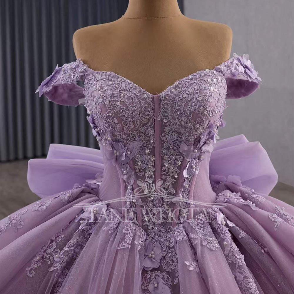 TW559 Purple Princess Dress For 15 Quinceanera Sweetheart Off-Shoulder Lace-Up Back Bow Beading Appliques Crystal Detail