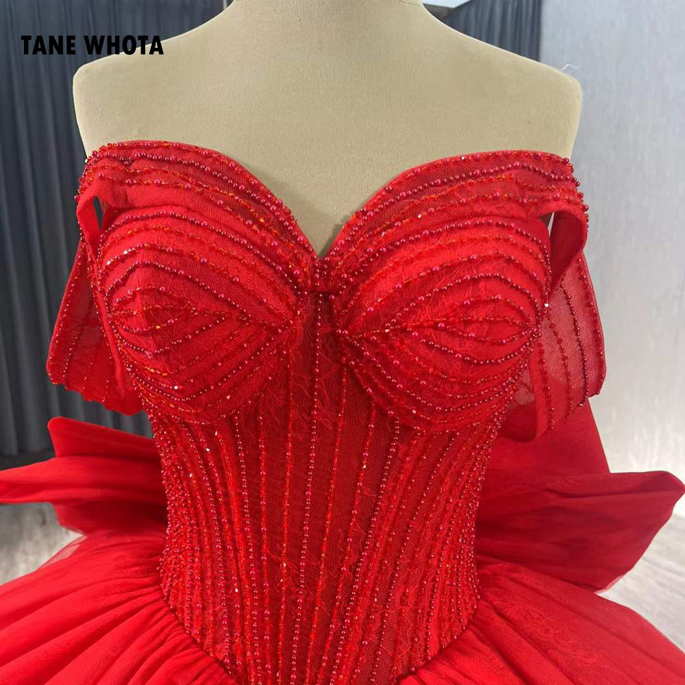 TW215 Vestidos Para 15 Quinceañera 2025 Luxury Off Shoulder Sweetheart Beading Bow Lace Up Back Red Long Dress For Special Occasions