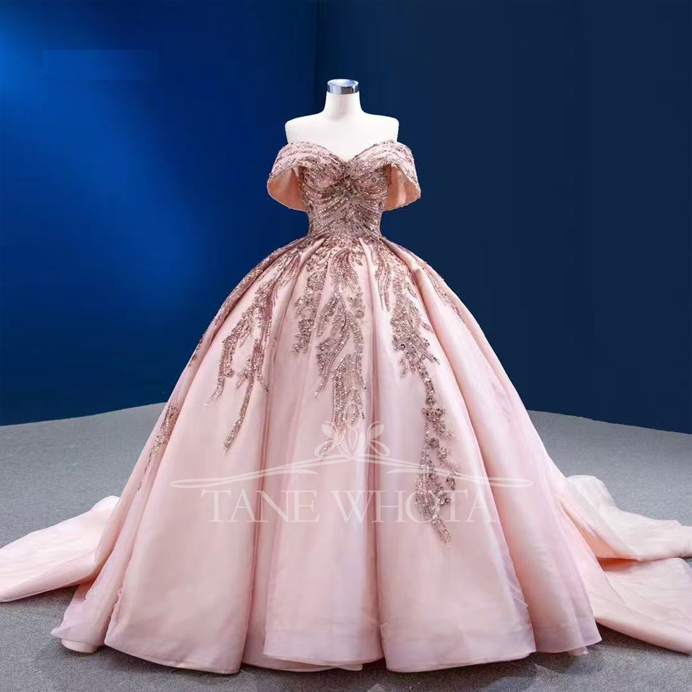 TW308 15 Quinceañera Sweetheart Off Shoulder Lace Up Back Embroidery Sequined Customized Pink Luxury Long Dress