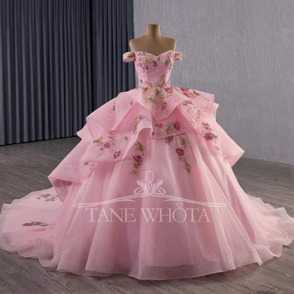 TW515 15 Quinceanera Pink Evening Gown Sweetheart Off-Shoulder Lace-Up Back Beading Sequined Embroidery Customizable Princess Dress