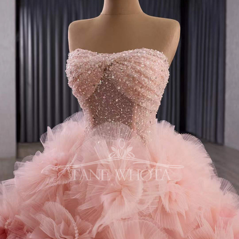 TW568 Customizable Strapless Pink Quinceañeras Prom Gown Lace-Up Back Sequined 3D Flower Crystal Vestidos De 15