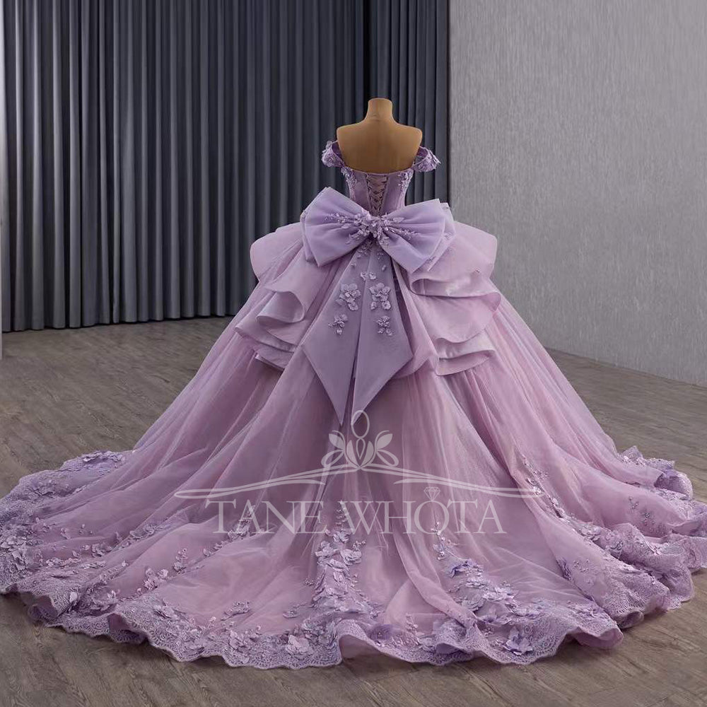 TW559 Purple Princess Dress For 15 Quinceanera Sweetheart Off-Shoulder Lace-Up Back Bow Beading Appliques Crystal Detail