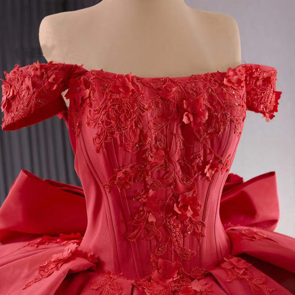 TW191 Vestidos Para Quinceañeras Luxury Off Shoulder Strapless Lace Up Back Red Flower Bow Long Dress For Special Occasions