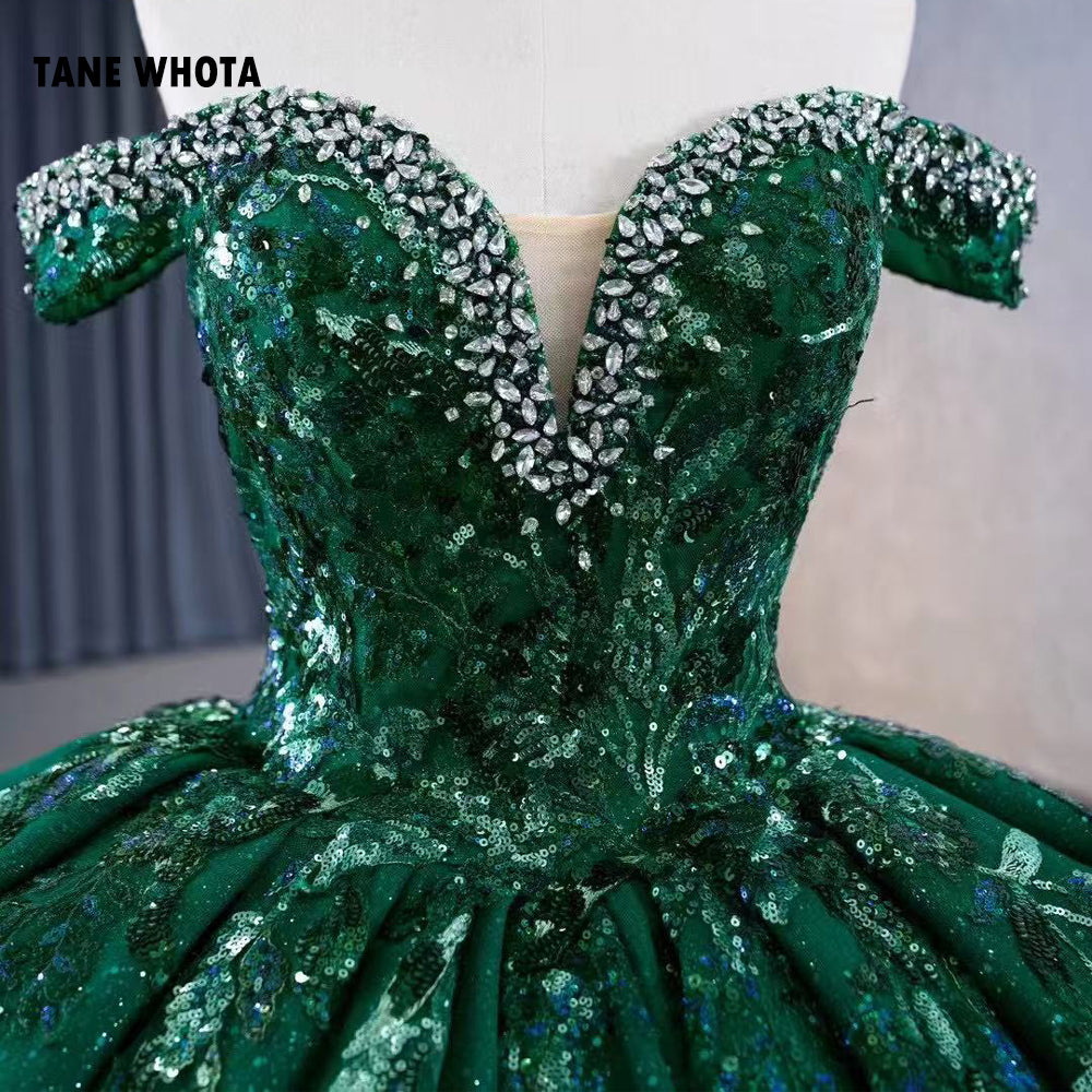 TW287 Vestidos Quinceañera Sweetheart Off Shoulder Lace Up Back Ball Gown Beading Crystal Sequined Customized Green Long Dress