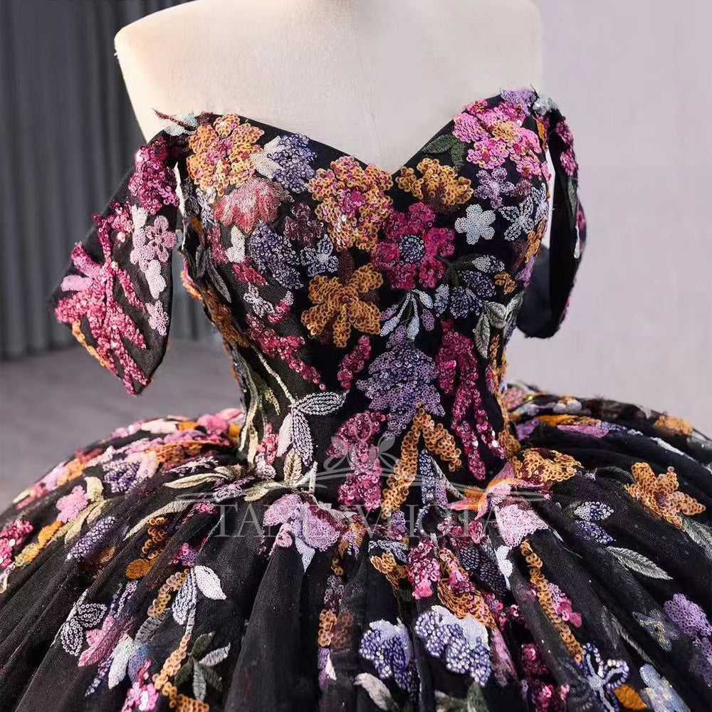 TW505 Black Lace Quinceanera Dress With Off-Shoulder Flowers Sweetheart Lace-Up Back Embroidery Ball Gown For Girls