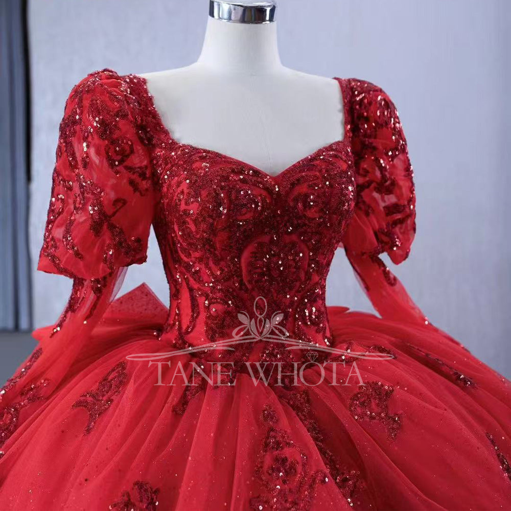 TW564 Red Sweetheart Quinceanera Dress With Long Sleeves Lace-Up Back Sequined Bow - Customizable Prom Dress
