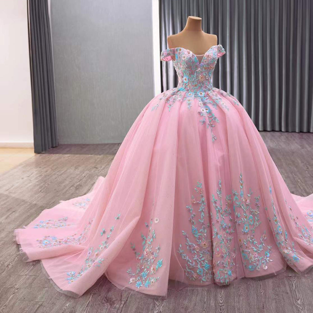 TW116 Vestido Quinceañeras Luxury Off Shoulder Sweetheart Appliques Lace Up Back Pink Long Dress For Special Occasions