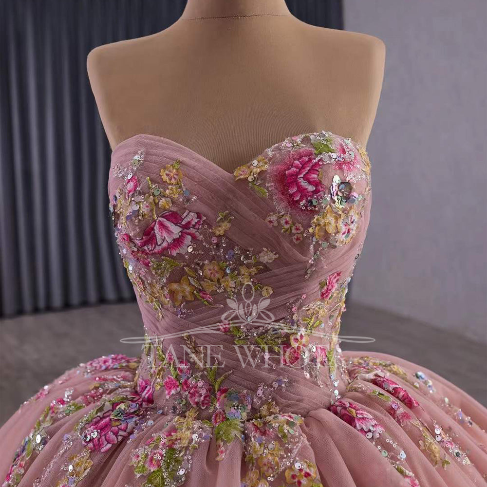 TW527 Pink Quinceañera Evening Gown With Lace-Up Back Detachable Jacket Sequined Embroidery Appliques Customizable Vestido