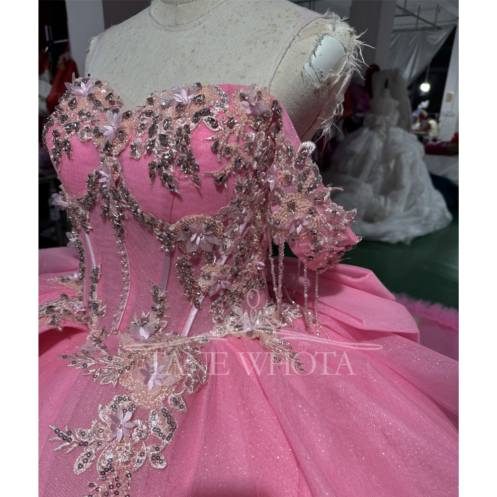 TW825 Pink Luxury Quinceanera Dress Sweetheart Off-Shoulder Lace Up Back Bow Crystal Appliques Princess Style For Women