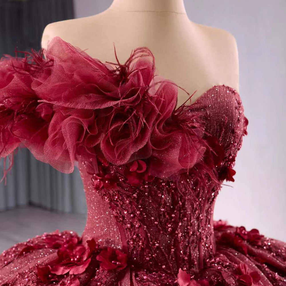 TW193 Vestido Para Quinceañera Luxury One Shoulder Flower Lace Up Back Beading Red Glitter Long Evening Dress For Special Occasions
