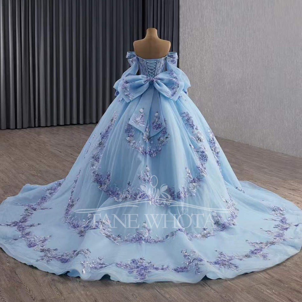 TW555 Sweetheart Detachable Sleeve Lace-Up Back Sequined Embroidery Bow Customizable Blue Princess Dress For 15th Birthday