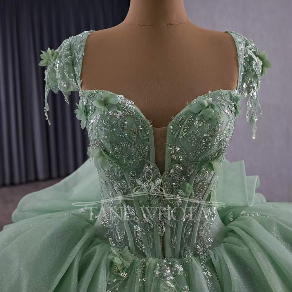 TW370 Quinceanera Dress Sweetheart Cap Sleeve Lace Up Back Appliques Sequined Embroidery Long Green Princess Quinceanera Dress