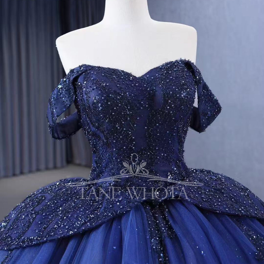 TW557 Customizable Blue Off-Shoulder Sweetheart Quinceañera Dress Lace-Up Back Beaded Sequined Embroidery 15th Birthday Prom Gown