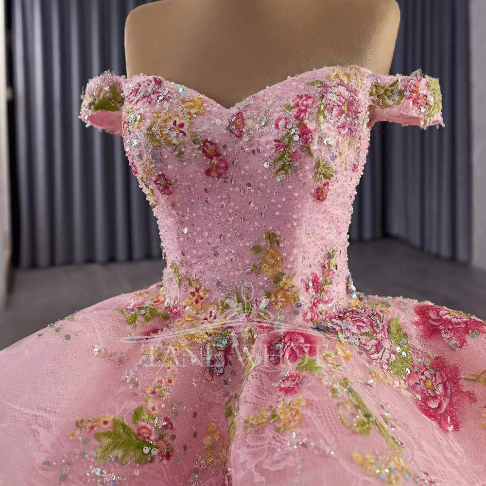 TW515 15 Quinceanera Pink Evening Gown Sweetheart Off-Shoulder Lace-Up Back Beading Sequined Embroidery Customizable Princess Dress