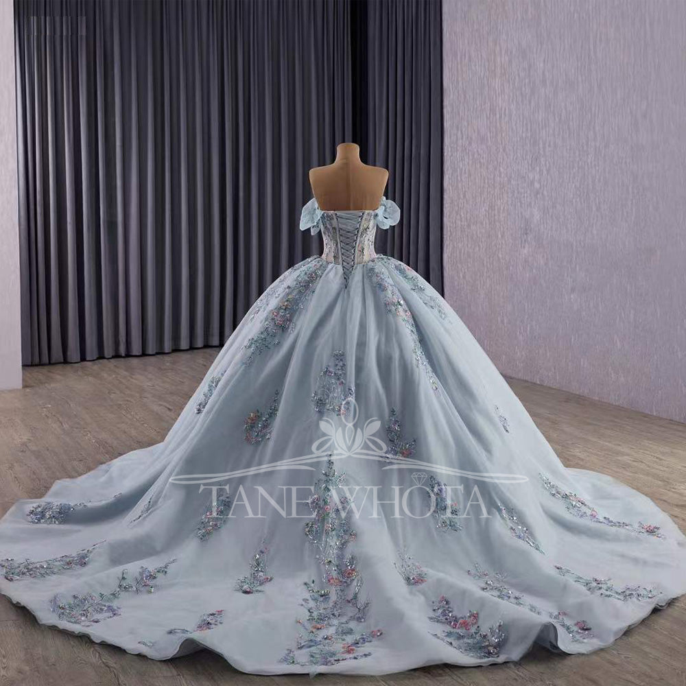 TW328 Abiti Quinceanera Sweetheart Off Shoulder Lace Up Back Appliques Sequined Embroidery Long Silver Grey Princess Quinceanera Dress