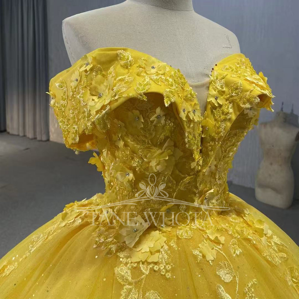 TW288 Vestido De Quinceañera 2025 Off Shoulder Sweetheart Lace Up Back Crystal Appliques Sequined Customized Yellow Long Dress