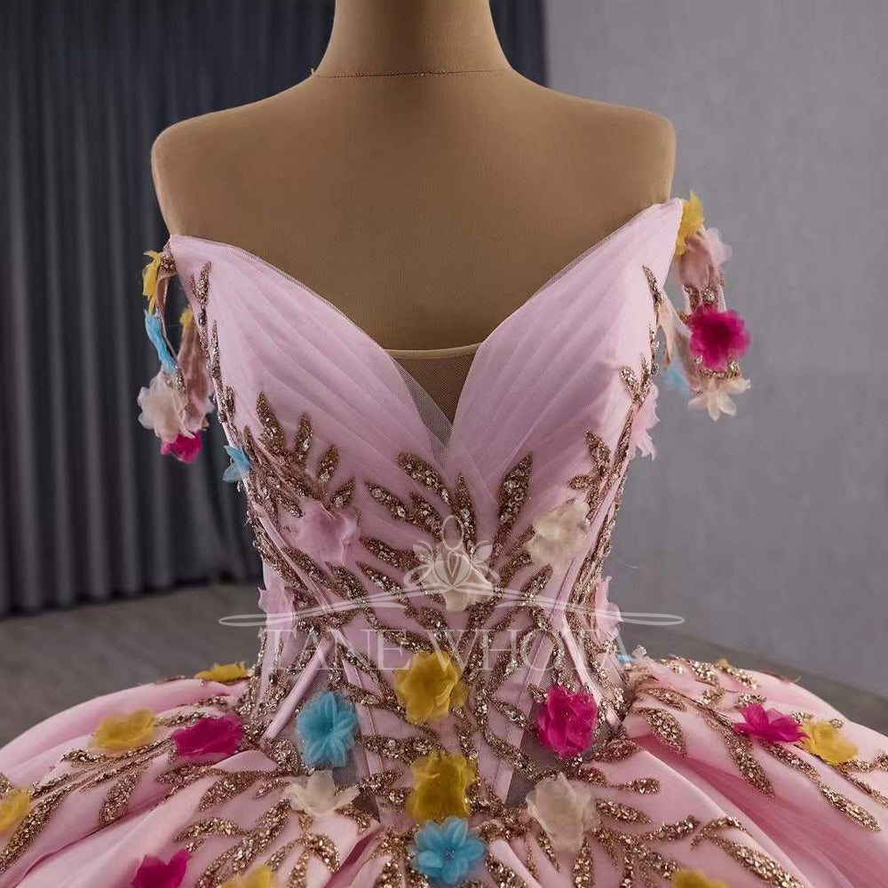 TW570 Girls Pink Quinceanera Dress Sweetheart Off-Shoulder Lace-Up Back Appliques Sequined Abito Quinceanera Princess Customizable