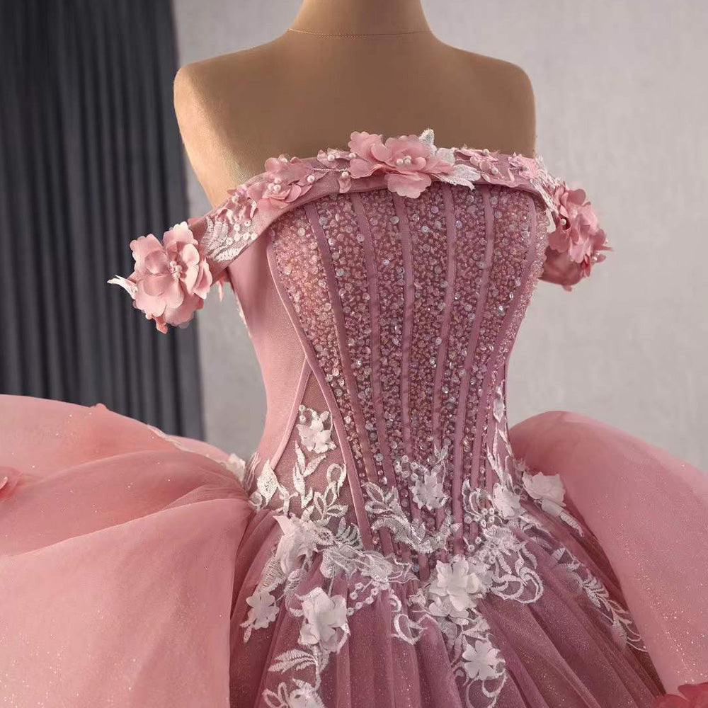 TW095 Quinceanera Dresses Luxury 2025 Off Shoulder Strapless Appliques Lace Up Back Pink Long Dress For Special Occasions