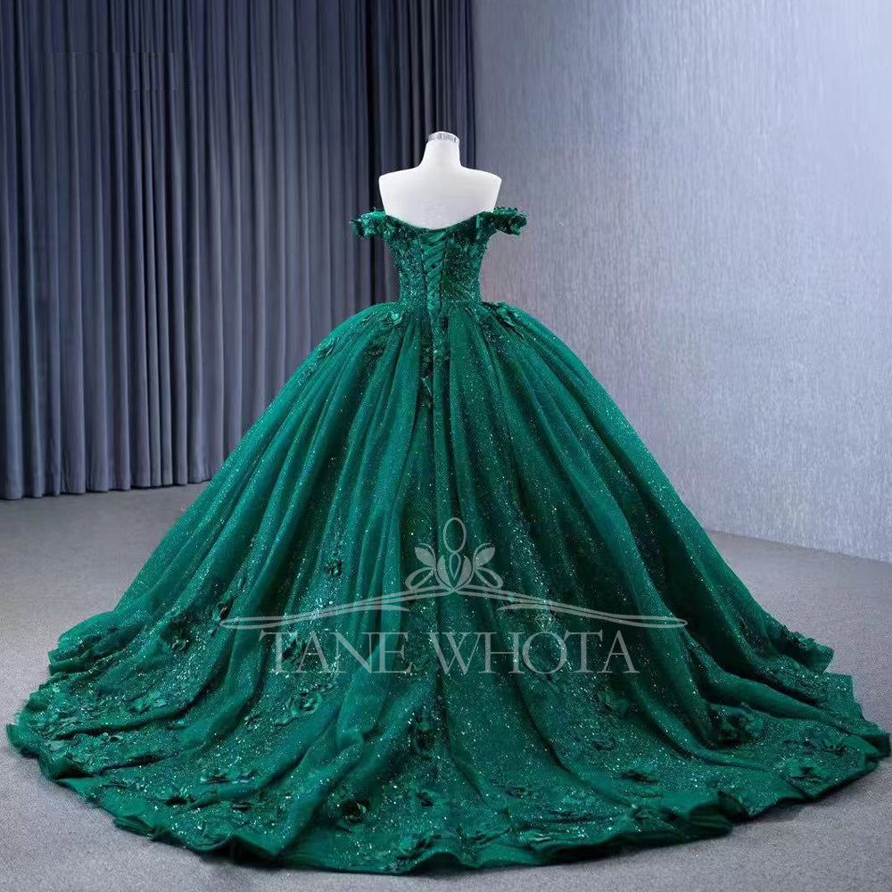 TW306 Vestidos 15 Años Ball Gown Sweetheart Off Shoulder Lace Up Back Beading Sequined Appliques Customized Green Long Dress