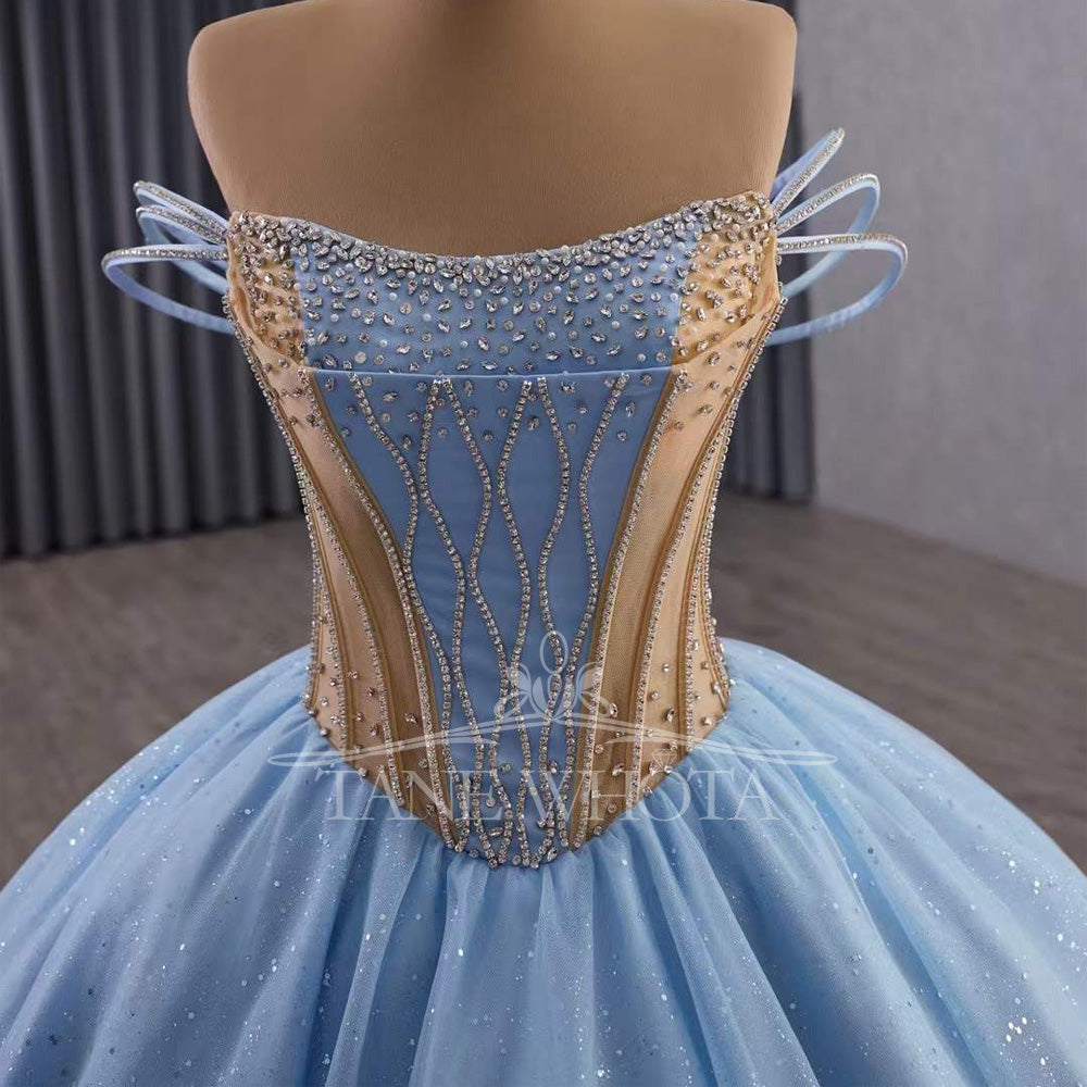 TW563 Blue Strapless Quinceanera Dress With Lace-Up Back Beading Sequined Crystal Ruffles For 15th Birthday Dresses