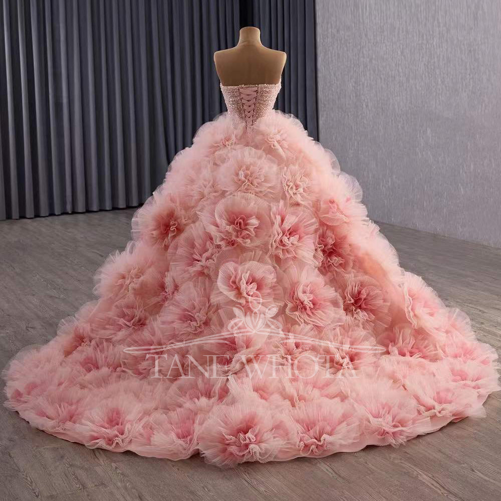 TW568 Customizable Strapless Pink Quinceañeras Prom Gown Lace-Up Back Sequined 3D Flower Crystal Vestidos De 15