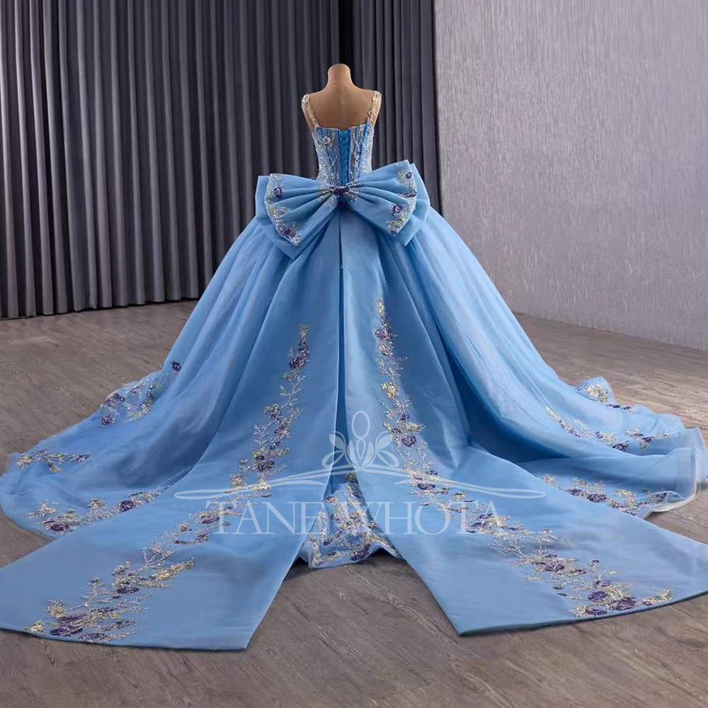 TW571 Customizable Sequined Embroidery Bow Prom Dress For 15 Quinceanera Spaghetti Straps Sleeveless Lace-Up Back Dress