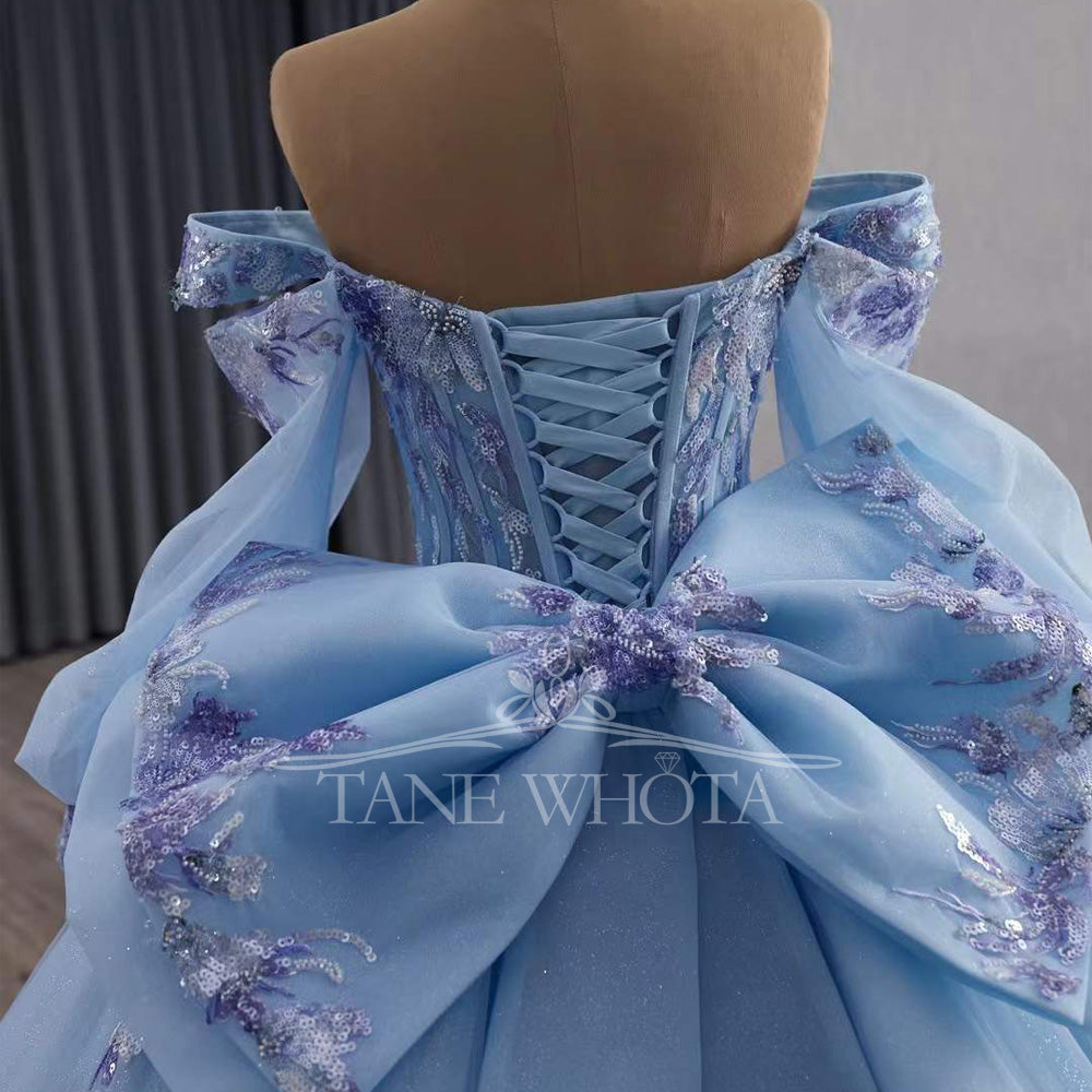 TW555 Sweetheart Detachable Sleeve Lace-Up Back Sequined Embroidery Bow Customizable Blue Princess Dress For 15th Birthday