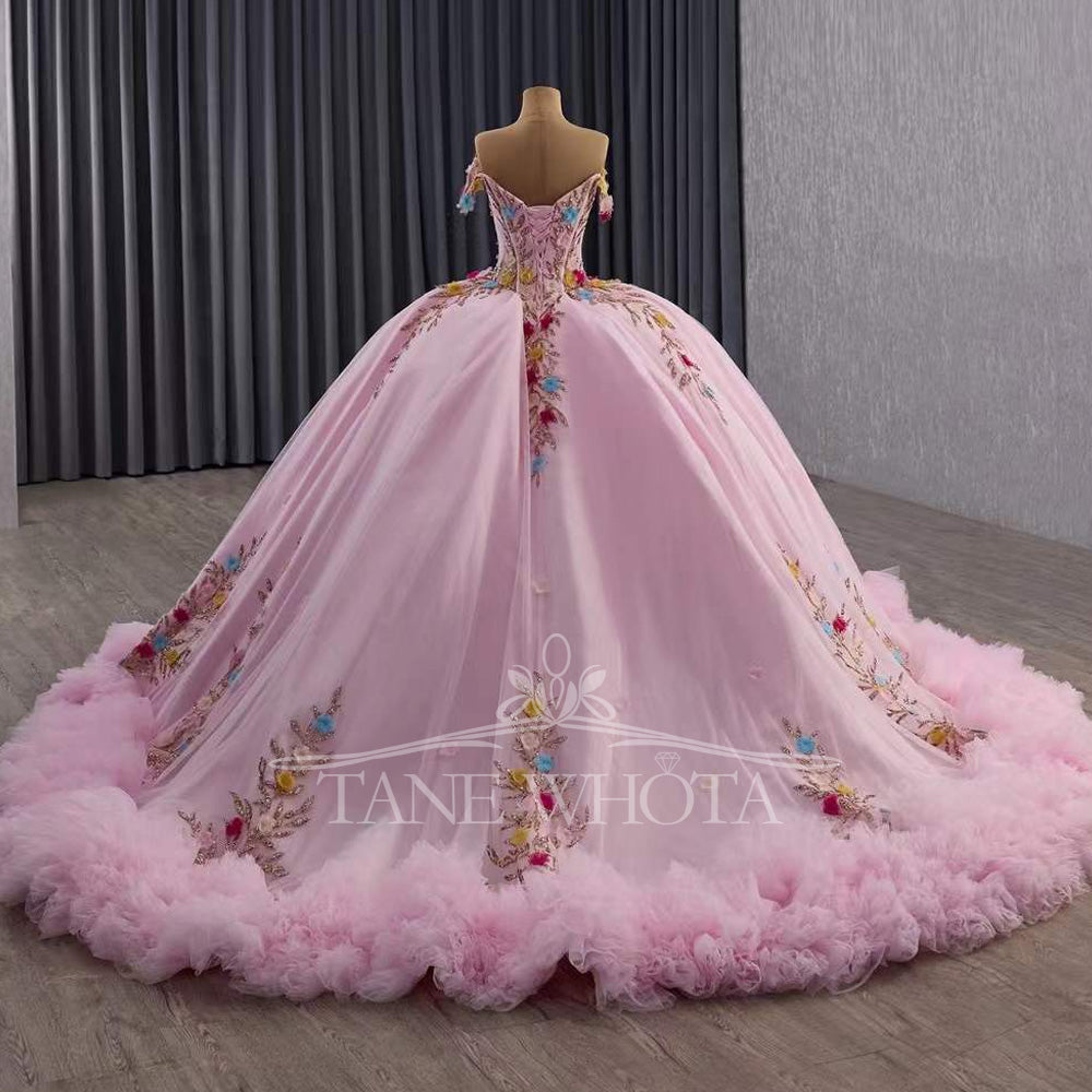 TW570 Girls Pink Quinceanera Dress Sweetheart Off-Shoulder Lace-Up Back Appliques Sequined Abito Quinceanera Princess Customizable