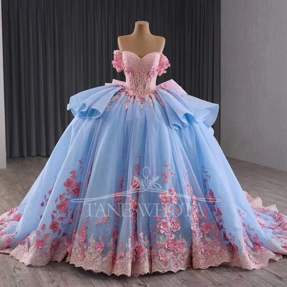 TW445 Girls 15 Quinceanera Dresses Pink Blue Sweetheart Off-Shoulder Lace-Up Back Embroidered Beaded Sequined Appliques Bow Detail