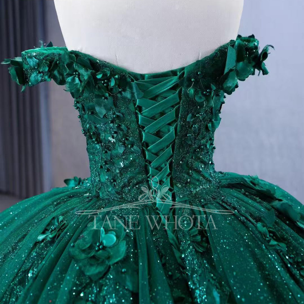 TW306 Vestidos 15 Años Ball Gown Sweetheart Off Shoulder Lace Up Back Beading Sequined Appliques Customized Green Long Dress