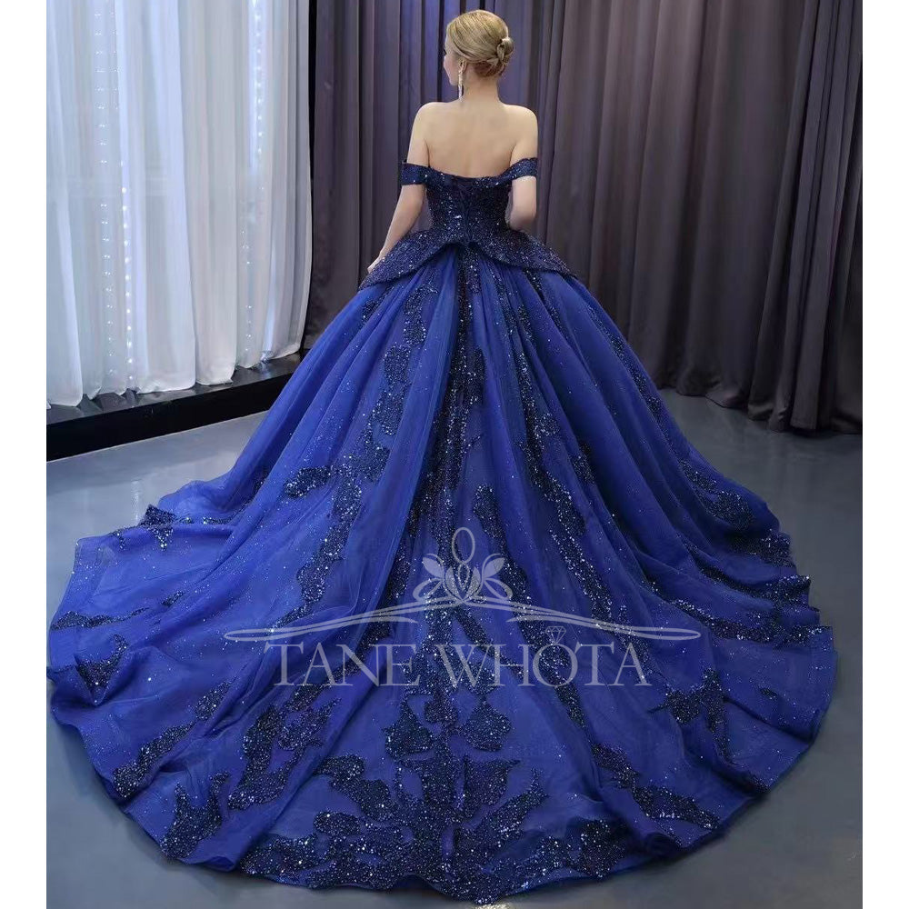TW557 Customizable Blue Off-Shoulder Sweetheart Quinceañera Dress Lace-Up Back Beaded Sequined Embroidery 15th Birthday Prom Gown