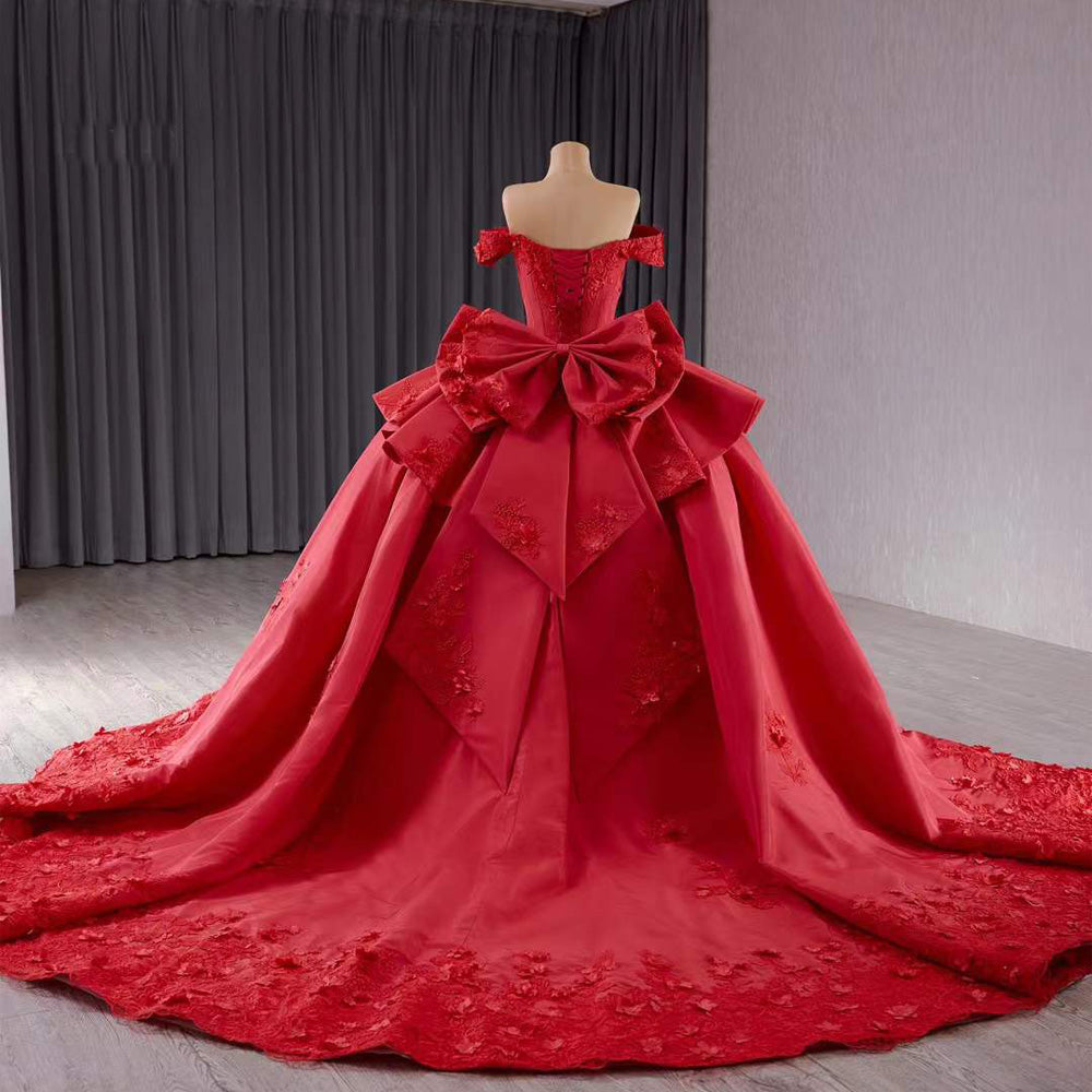 TW191 Vestidos Para Quinceañeras Luxury Off Shoulder Strapless Lace Up Back Red Flower Bow Long Dress For Special Occasions
