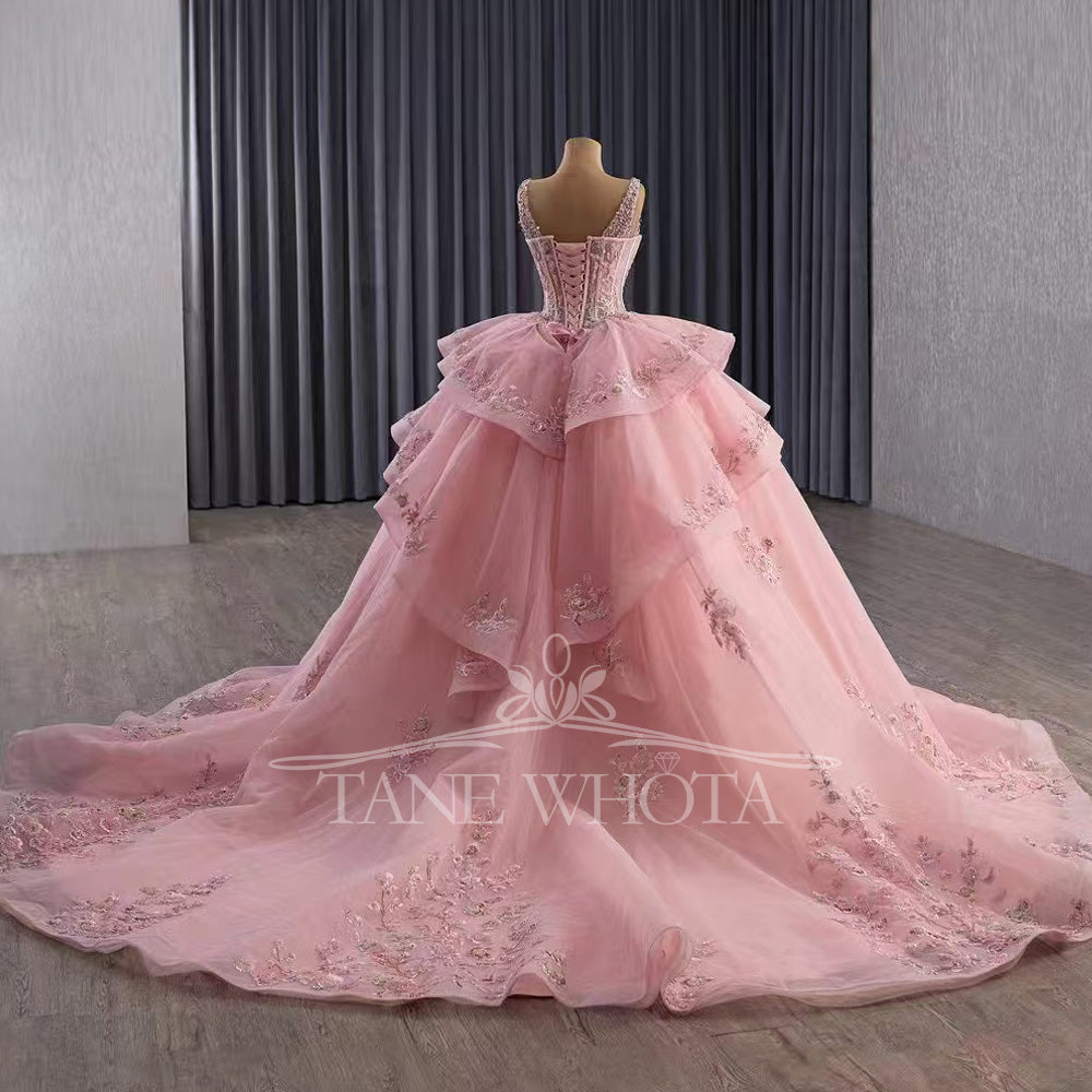 TW573 Customizable Pink Prom Dress Detachable Jacket Spaghetti Straps Lace-Up Back Beading Quinceanera Women's Special Occasion Gown