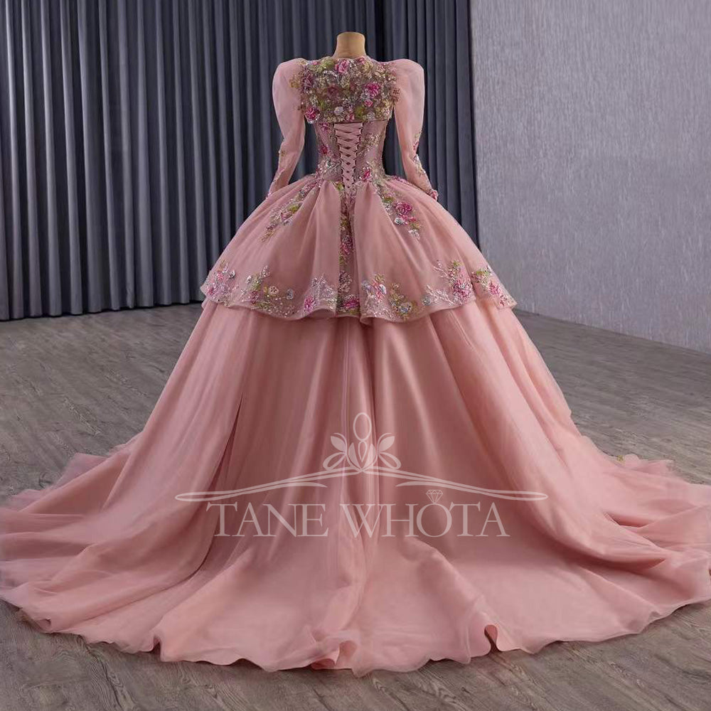 TW527 Pink Quinceañera Evening Gown With Lace-Up Back Detachable Jacket Sequined Embroidery Appliques Customizable Vestido