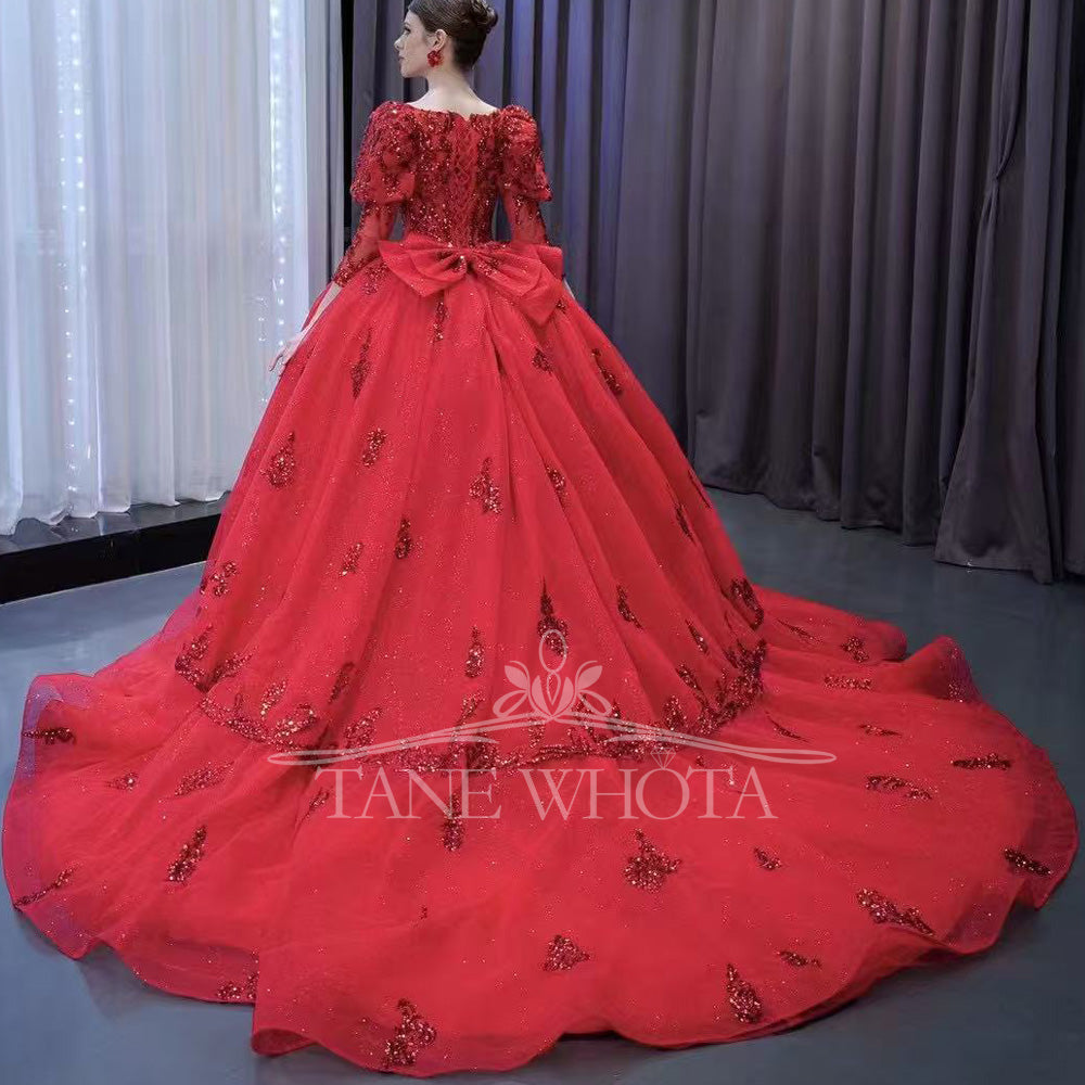 TW564 Red Sweetheart Quinceanera Dress With Long Sleeves Lace-Up Back Sequined Bow - Customizable Prom Dress