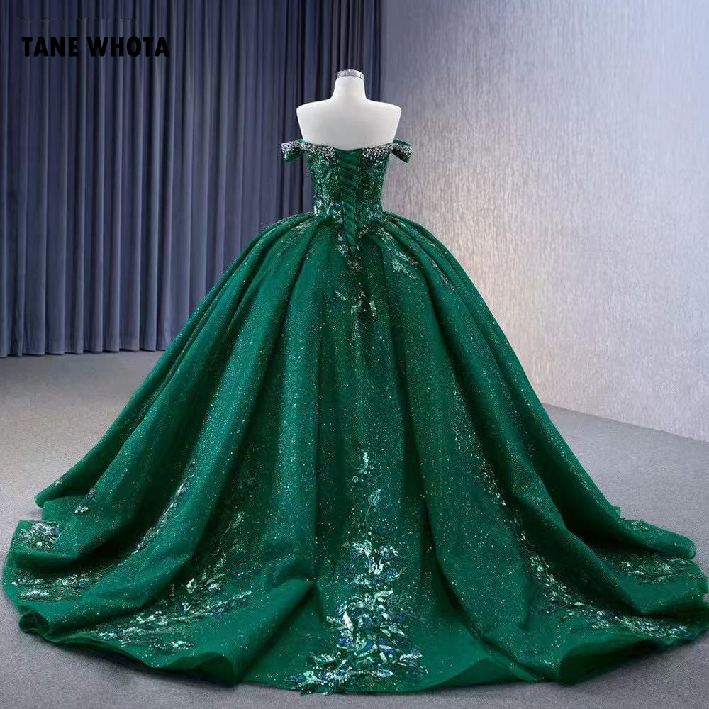 TW287 Vestidos Quinceañera Sweetheart Off Shoulder Lace Up Back Ball Gown Beading Crystal Sequined Customized Green Long Dress